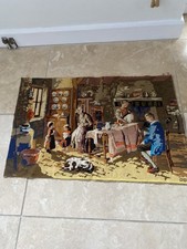 Completed French tapestry, family scene, kitchen, dresser
