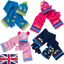 Boys Girls Dinosaur Unicorn Knitted Winter Pom Pom Beanie Hat Scarf Mitt Sets