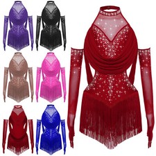 UK Girls Rhinestone Tassel Dress Skirted Leotards Jazz Modern Latin Tango+Gloves