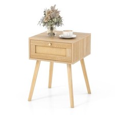 COSTWAY Bedroom Rattan Nightstand Boho Bedside Sofa Table Modern Wood End Table