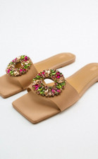 ZARA Embellished Flat Sandals Slides Beige with Green Gold & Pink - Size 5 EU38
