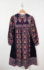 Vintage Indian Block Print Midi Dress Size M Floral Smock Boho Bohemian 1970s