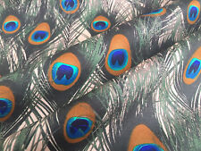 PEACOCK Fans Satin Fabric Material Animal print feathers -150cm wide - BEIGE