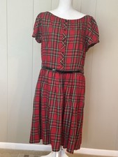 Bernie Dexter Lori Red Tartan Swing Dress Size XL EUC Black Patent Leather Belt