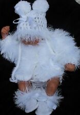 lillbees hand knitted / crochet white fur jacket hat  booties 0/ 3m 22in reborn