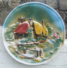 Vintage Chalkware Ceramic 3D Kitsch Wall Plate Plaque Rustic Cottage Scene Ellis
