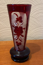 Vintage Bohemian ruby red and frosted tall glass vase. Hand blown vase 28cm