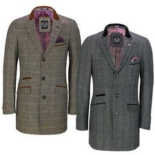 Mens 3/4 Long Over Coat Jacket Herringbone Tweed Check Retro Smart Tailored Fit