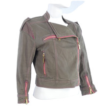 Matthew Williamson HM Biker Jacket Denim Khaki cropped Contrast Stitch Y2K UK10