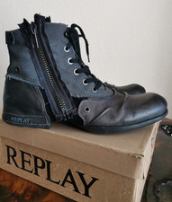 Replay Clutch Black Leather Military Style Distressed Biker Boots Size UK 12