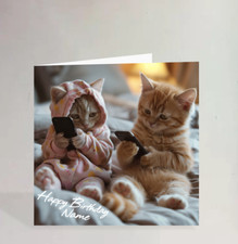 Personalised 2 Kittens/Cats Wearing Pajamas (Funny/Joke/Phones) Birthday Card
