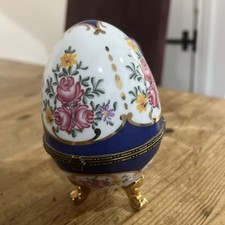 Porcelain Egg Shaped Footed Hinged Trinket Box Floral Print Height 13cm