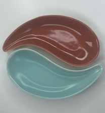 VINTAGE 60s POOLE POTTERY FREEFORM SMALL TEARDROP DISH Set 18cm Red Blue C57 C95