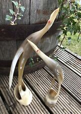 Vintage Folk Art Natural Cow Horn ?  Hand Carved Heron Egret Bird Art Sculptures