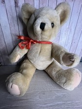 Vintage ~  Fully Jointed Teddy Bear ~ Plush 16" Red Ribbon