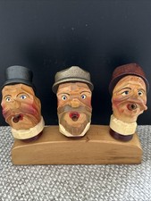 Vintage Carved Wooden Bottle Stoppers Corks Figures with Stand