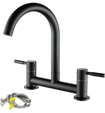 Bridge Kitchen Sink Mixer Tap, 2 Hole Kitchen Bridge Mixer 360° Swivel Black 