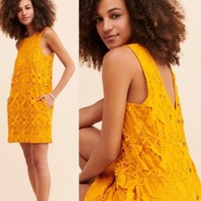 NWT Anthropologie Lace Floral Shift Dress Button-Back in Maize Size L