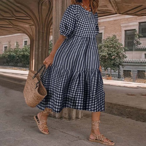 Womens boho midi dress - dress, checked