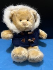 Chad Valley Beige Teddy Bear Soft Toy Plush Navy Blue Duffle Coat Fluffy Trim