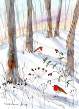 Robins in Winter Woods  5.5in