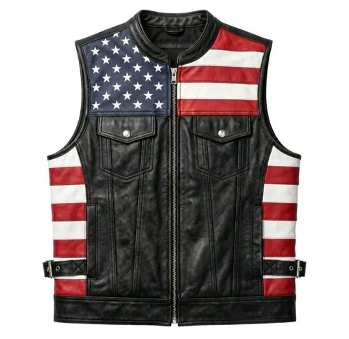 Men leather usa flag vest - leather,