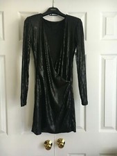 New Women’s Wayne Cooper Stunning Liquid Black Matte Sequin Deep V LBD Dress 0