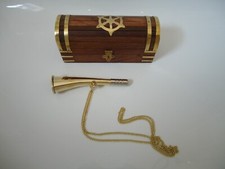 Signal Horn ON CHAIN In  WOODEN CHEST BRASS Ships Wheel Bosun Whistle ROYAL NAVY