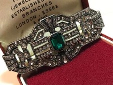 Art Deco Vintage Style Green Crystal Cocktail Brooch Silver Tone