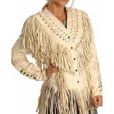 Women Western Style Real Leather Jacket Fringes & Bead Work - Cream Real Leather