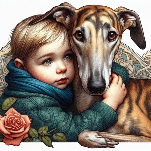 Boy with greyhound - with, in