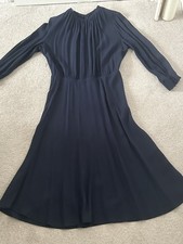 H&M Navy Blue Crepe pleated bias cut Viscose Work Dress Uk 12 14 BNWOT