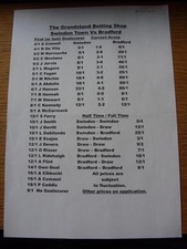 29/10/2011 Swindon Town v Bradford City - Grandstand Betting Shop Odd's Sheet (s