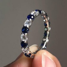 14k White Gold Finish 2ct Round Blue Sapphire Diamond Eternity Wedding Band Ring