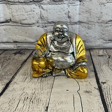 Silver And Gold 12cm x 12cm Large Chinese Buddha Sitting On Lotus Statue Resin