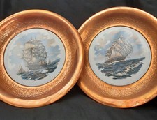 Vintage 2x English Copper Tile Wall Plaques of Sailing Ships Mid Century 25cm