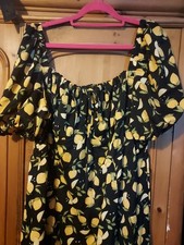 3xl Cider Dress With Lemon Print Puff Sleeves And Slit In Hem. Shirred Back
