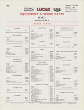 Austin A 40 Mk II  Lucas Spare Parts List Single Sheet 1961 NOT ILLUSTRATED.