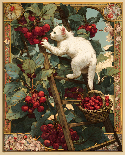 White cat picking cherries - picking,