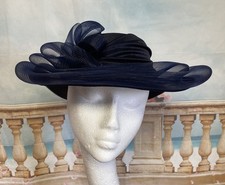 HAT Navy Blue Satin Brim Summer  Wedding Races Occasion Mother of Bride Vintage