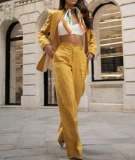 Zara Blazer Size M Yellow Single Breasted Linen Tailored Suit Jacket Blogger Fav