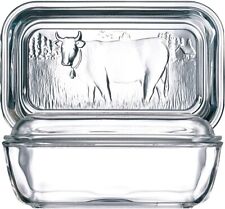 Luminarc Clear Tempered Glass Butter Dish Storage Embossed Cow Cover Lid 17cm