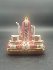 Limoges China Tea For Two Teapot & Teacups Pink & White Trinket Box Figurine