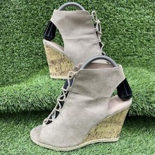New Look Tan Suede Wedge Heel Peep Toe Lace Up Cut Out Sandals Shoes Size UK 6