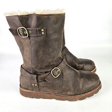 UGG Noira Brown Leather & Sheepskin Boots with Buckles 1001733 Women's Size 10