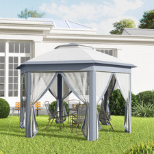 Hexagon 4x4m Pop Up Gazebo Double Roof with Netting Mesh Grey