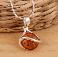 Cognac Baltic Amber 925 Sterling Silver Stylish Pendant Chain Necklace Jewellery