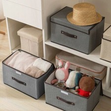 3Pcs Foldable Canvas Storage Boxes Large Folding Fabric Clothes Baskets with Lid