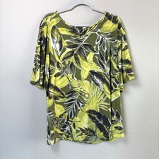 Susan Graver Liquid Knit Top Size 1X Yellow Green Leaf Print Cold Shoulder