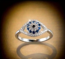 Blue Evil Eye Ring Brass Micro Inlay Shiny Cubic Zirconia Size T 1/2